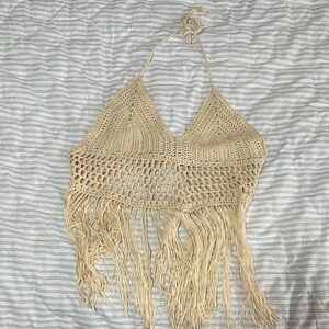 Beige Crochet Halter Top with Fringe
